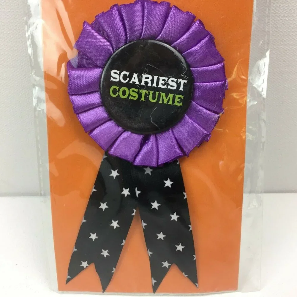Award Ribbon Scariest Costume Contest Purple Black Stars Button Halloween